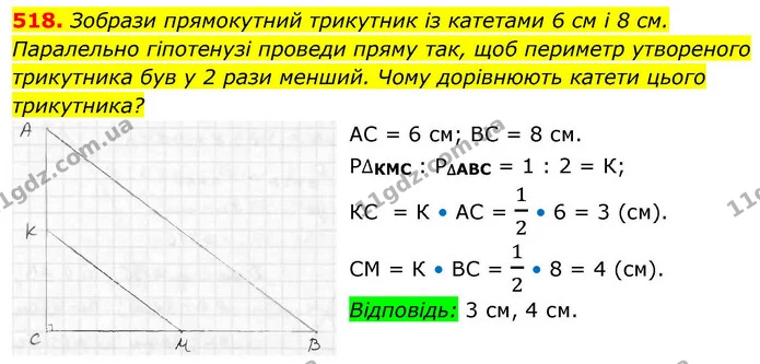 518. Зобрази прямокутний трикутник із катетами 6 см і 8 см. — ГДЗ Геометрія 8 клас Бевз