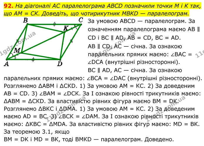 92. На діагоналі AC паралелограма ABCD позначили точки M і K так, що AM = CK. Доведіть, що чотирикутник MBKD — паралелограм. — ГДЗ Геометрія 8 клас Мерзляк