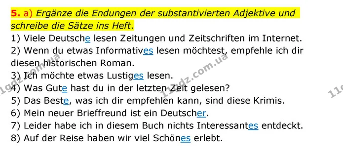 5. a) Ergänze die Endungen der substantivierten Adjektive und schreibe die Sätze ins Heft. — ГДЗ Німецька мова 10 клас Сотникова 2018