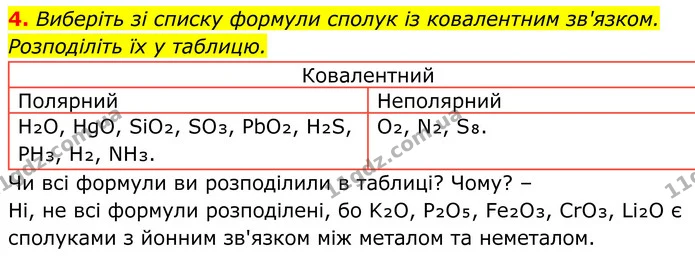 4. Виберіть зі списку формули сполук із ковалентним зв'язком. Розподіліть їх у таблицю. — ГДЗ Хімія 8 клас Мідак