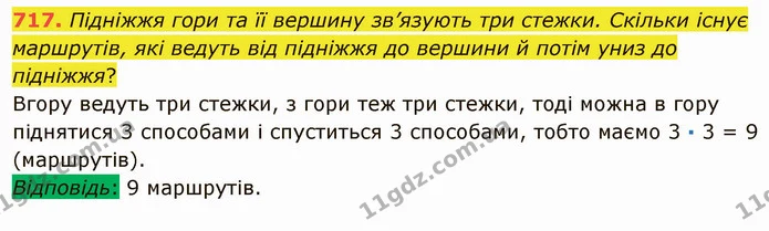 717. Підніжжя гори та її вершину зв’язують три стежки. Скільки існує маршрутів, які ведуть від підніжжя до вершини й потім униз до — ГДЗ Математика 5 клас Мерзляк