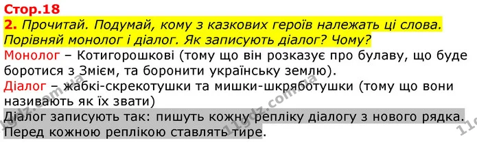 2. Прочитай. Подумай, кому з казкових героїв належать ці слова. Порівняй монолог і діалог. Як записують діалог? Чому? — ГДЗ Українська мова 2 клас Большакова 1 ч. - 2 ч.
