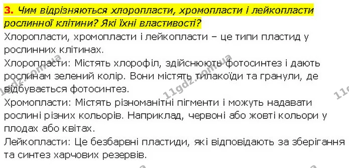 3. Чим відрізняються хлоропласти, хромопласти і лейкопласти рослинної клітини? Які їхні властивості? — ГДЗ Біологія 7 клас Тагліна