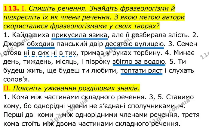 113. І. Спишіть речення. Знайдіть фразеологізми й підкресліть їх як члени речення. З якою метою автори скористалися фразеологізмами у — ГДЗ Українська мова 6 клас Заболотний 2020