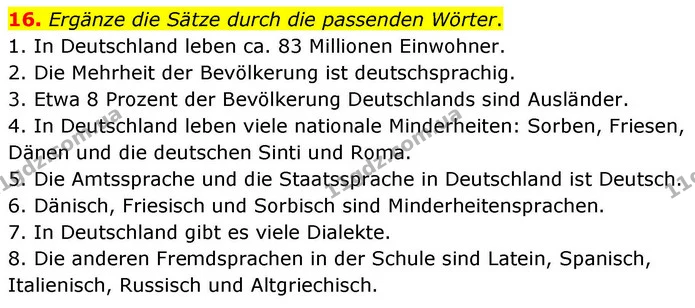 16. Ergänze die Sätze durch die passenden Wörter. — ГДЗ робочий зошит Німецька мова 8 клас Басай