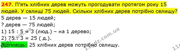 247. П’ять хлібних дерев можуть прогодувати протягом року 15 людей. У селищі 75 людей. Скільки хлібних дерев потрібно селищу? — ГДЗ Математика 3 клас Козак 1-2 ч.