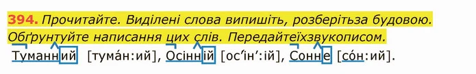 394. Прочитайте. Виділені слова випишіть, розберітьза будовою. Обґрунтуйте написання цих слів. Передайтеїхзвукописом. — ГДЗ Українська мова 6 клас Глазова