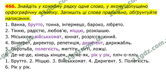 466. Знайдіть у кожному рядку одне слово, у якому допущено орфографічну помилку. Запишіть ці слова правильно, обґрунтуйте написання. — ГДЗ Українська мова 9 клас Заболотний