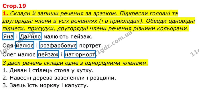 1. Склади й запиши речення за зразком. Підкресли головні та другорядні члени в усіх реченнях (і в прикладах). Обведи однорідні підмети — ГДЗ Робочий зошит Українська мова 4 клас Большакова