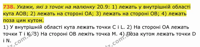 738. Укажи, які з точок на малюнку 20.9: 1) лежать у внутрішній області кута АОВ; 2) лежать на стороні ОА; 3) лежать на стороні ОВ; 4) — ГДЗ Математика 5 клас Істер 2022