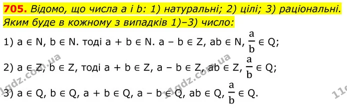 705. Відомо, що числа а і b: 1) натуральні; 2) цілі; 3) раціональні. Яким буде в кожному з випадків 1)–3) число: — ГДЗ Алгебра 8 клас Бевз