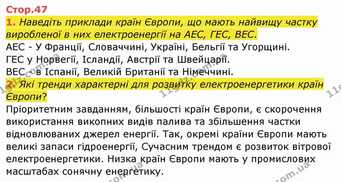 1. Наведіть приклади країн Європи, що мають найвищу частку виробленої в них електроенергії на АЕС, ГЕС, ВЕС. — ГДЗ Географія 10 клас Бойко