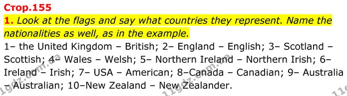 1. Look at the flags and say what countries they represent. Name the nationalities as well, as in the example. — ГДЗ Англійська мова 8 клас Карпюк 2025