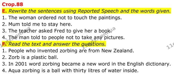 E. Rewrite the sentences using Reported Speech and the words given. — ГДЗ робочий зошит Англійська мова 7 клас Мітчелл