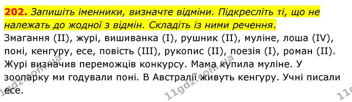 202. Запишіть іменники, визначте відміни. Підкресліть ті, що не належать до жодної з відмін. Складіть із ними речення. — ГДЗ Українська мова 6 клас Голуб 2023