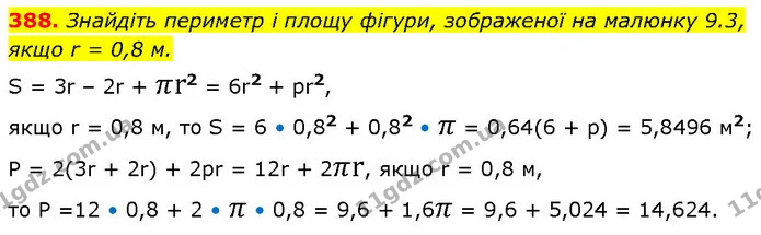 388. Знайдіть периметр і площу фігури, зображеної на малюнку 9.3, якщо r = 0,8 м. — ГДЗ Алгебра 7 клас Бевз