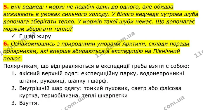 5. Білі ведмеді і моржі не подібні один до одного, але обидва виживають в умовах сильного холоду. У білого ведмедя хутрова шуба — ГДЗ Робочий зошит Я досліджую світ 4 клас Гільберг