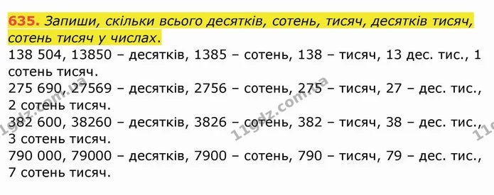 635. Запиши, скільки всього десятків, сотень, тисяч, десятків тисяч, сотень тисяч у числах. — ГДЗ Математика 4 клас Заїка