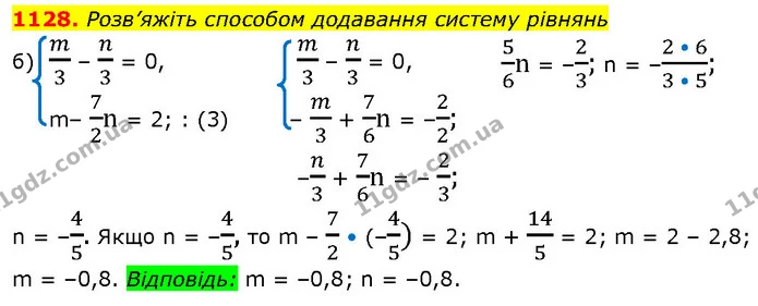 1128. Розв’яжіть способом додавання систему рівнянь — ГДЗ Алгебра 7 клас Бевз