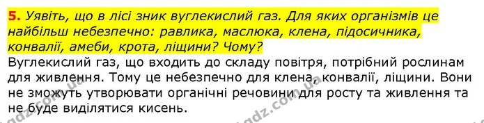 5. Уявіть, що в лісі зник вуглекислий газ. Для яких організмів це найбільш небезпечно: равлика, маслюка, клена, підосичника, конвалії — ГДЗ Природознавство 5 клас Ярошенко