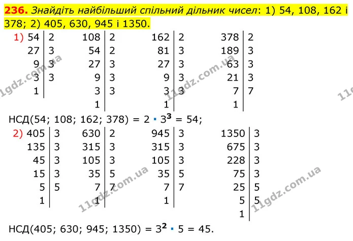 236. Знайдіть найбільший спільний дільник чисел: 1) 54, 108, 162 і 378; 2) 405, 630, 945 і 1350. — ГДЗ Математика 6 клас Тарасенкова 2023 1-2 ч.