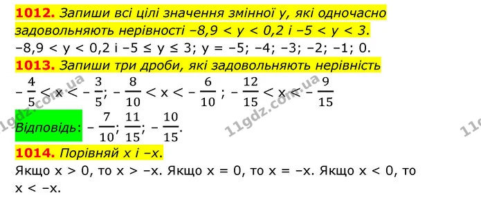 1012. Запиши всі цілі значення змінної у, які одночасно задовольняють нерівності –8,9 < у < 0,2 і –5 < у < 3. — ГДЗ Математика 6 клас Істер 2023 1-2 ч.