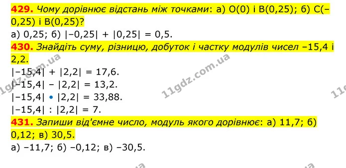 429. Чому дорівнює відстань між точками: а) О(0) і В(0,25); б) С(–0,25) і В(0,25)? — ГДЗ Математика 6 клас Бевз 1-2 ч.