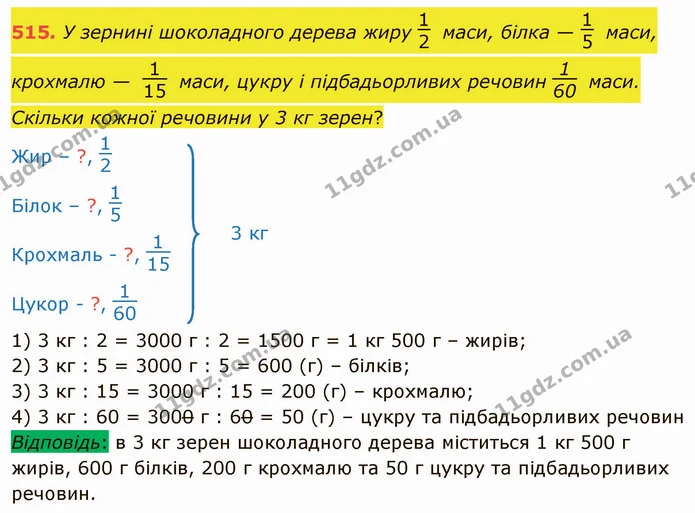 515. У зернині шоколадного дерева жиру маси, білка — маси, крохмалю — маси, цукру і підбадьорливих речовин маси. Скільки кожної — ГДЗ Математика 4 клас Лишенко 1-2 ч.