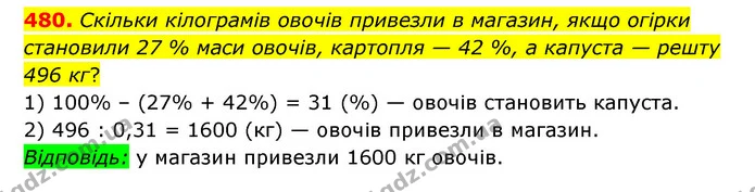480. Скільки кілограмів овочів привезли в магазин, якщо огірки становили 27 % маси овочів, картопля — 42 %, а капуста — решту 496 кг? — ГДЗ Математика 6 клас Мерзляк 2023 1-2 ч.