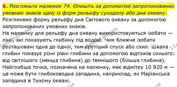 6. Розгляньте малюнок 74. Опишiть за допомогою запропонованих умовних знакiв одну із форм рельефу суходолу або дна океану. — ГДЗ Географія 6 клас Гільберг