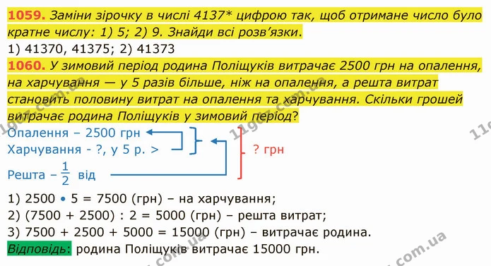 1059. Заміни зірочку в числі 4137* цифрою так, щоб отримане число було кратне числу: 1) 5; 2) 9. Знайди всі розв’язки. — ГДЗ Математика 5 клас Істер 2022