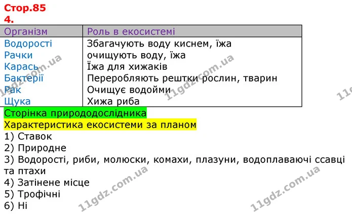 Характеристика екосистеми за планом — ГДЗ Робочий зошит Природознавство 5 клас Коршевнюк