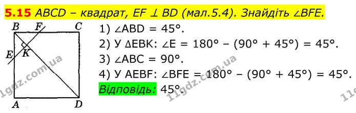 5.15 ABCD – квадрат, EF ⊥ BD (мал.5.4). Знайдіть ∠BFE. — ГДЗ Геометрія 8 клас Істер