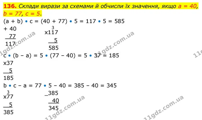136. Склади вирази за схемами й обчисли їх значення, якщо a = 40, b = 77, c = 5. — ГДЗ Математика 4 клас Листопад