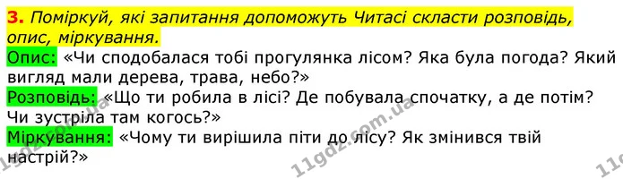 3. Поміркуй, які запитання допоможуть Читасі скласти розповідь, опис, міркування. — ГДЗ Українська мова та читання 3 клас Остапенко 1-2 ч.