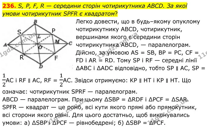 236. S, Р, F, R — середини сторін чотирикутника ABCD. За якої умови чотирикутник SPFR є квадратом? — ГДЗ Геометрія 8 клас Бевз