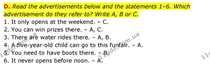 D. Read the advertisements below and the statements 1–6. Which advertisement do they refer to? Write A, B or C. — ГДЗ Робочий зошит Англійська мова 6 клас Мітчелл