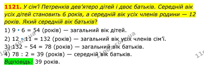 1121. У сім’ї Петренків дев’ятеро дітей і двоє батьків. Середній вік усіх дітей становить 6 років, а середній вік усіх членів родини — — ГДЗ Математика 6 клас Мерзляк 2023 1-2 ч.