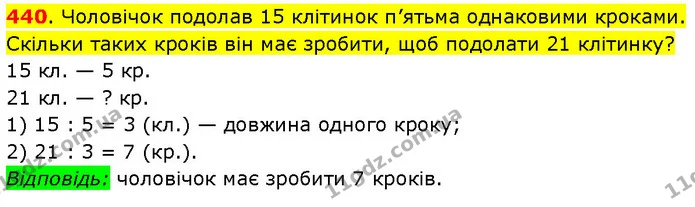 440. Чоловічок подолав 15 клітинок п’ятьма однаковими кроками. Скільки таких кроків він має зробити, щоб подолати 21 клітинку? — ГДЗ Математика 3 клас Будна 1-2 ч.