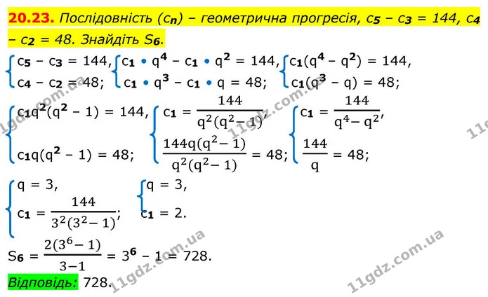 20.23. Послідовність (cn) – геометрична прогресія, c5 – c3 = 144, c4 – c2 = 48. Знайдіть S6. — ГДЗ Алгебра 9 клас Істер