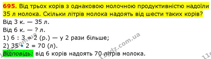 695. Від трьох корів з однаковою молочною продуктивністю надоїли 35 л молока. Скільки літрів молока надоять від шести таких корів? — ГДЗ Математика 3 клас Будна 1-2 ч.