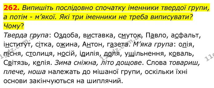 262. Випишіть послідовно спочатку іменники твердої групи, а потім - м’якої. Які три іменники не треба виписувати? Чому? — ГДЗ Українська мова 6 клас Заболотний 2020