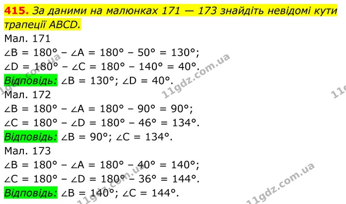 415. За даними на малюнках 171 — 173 знайдіть невідомі кути трапеції ABCD. — ГДЗ Геометрія 8 клас Бурда