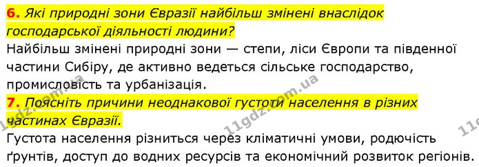 6. Які природні зони Євразії найбільш змінені внаслідок господарської діяльності людини? — ГДЗ Географія 7 клас Гільберг