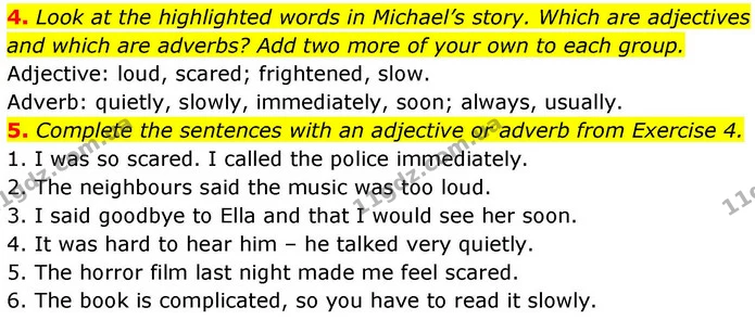 4. Look at the highlighted words in Michael’s story. Which are adjectives and which are adverbs? Add two more of your own to each — ГДЗ робочий зошит Англійська мова 8 клас Гарет Джонс 2025