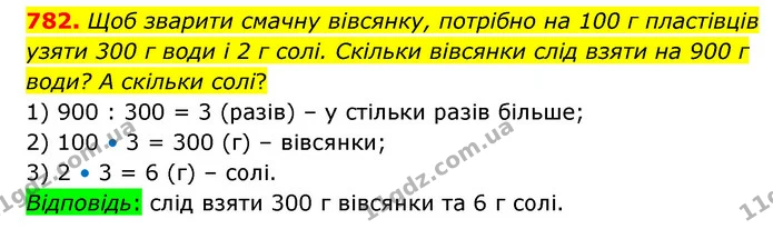 782. Щоб зварити смачну вівсянку, потрібно на 100 г пластівців узяти 300 г води і 2 г солі. Скільки вівсянки слід взяти на 900 г води? — ГДЗ Математика 4 клас Бевз 1 та 2 частини