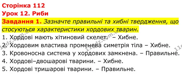 1. Зазначте правильні та хибні твердження, що стосуються характеристики хордових тварин. — ГДЗ Робочий зошит Біологія 7 клас Мирна 2024