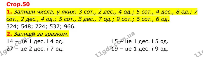 1. Запиши числа, у яких: 3 сот., 2 дес., 4 од.; 5 сот., 4 дес., 8 од.; 7 сот., 2 дес., 4 од.; 5 сот., З дес., 7 од.; 9 сот.; 6 сот., 6 — ГДЗ Математика 3 клас Логачевська 1-2 ч.