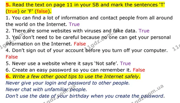 5. Read the text on page 11 in your SB and mark the sentences ‘T’ (true) or ‘F’ (false). — ГДЗ Робочий зошит Англійська мова 5 клас Карпюк