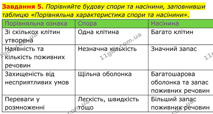 5. Порівняйте будову спори та насінини, заповнивши таблицю «Порівняльна характеристика спори та насінини». — ГДЗ Робочий зошит Біологія 7 клас Мирна 2024